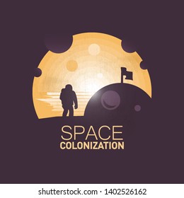 Space colonization.Astronaut near space dome.Negative space illustration