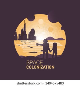Space colonization.Astronauts near big colony.Negative space illustration