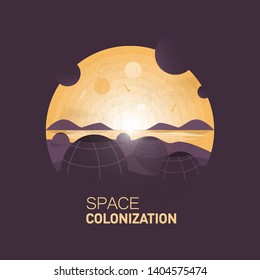 Space colonization.Space dome colony in the desert.Negative space illustration