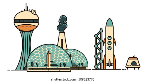 Space colony domes and rocket. Rounded lineart.