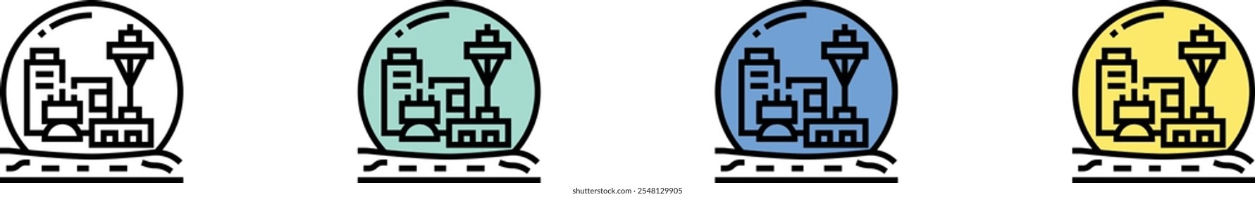 space colony icon. Outline, Green, Blue and Yellow Style Design Isolated On White Background