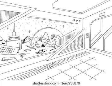 Space colony interior base station graphic black white sketch illustration vector