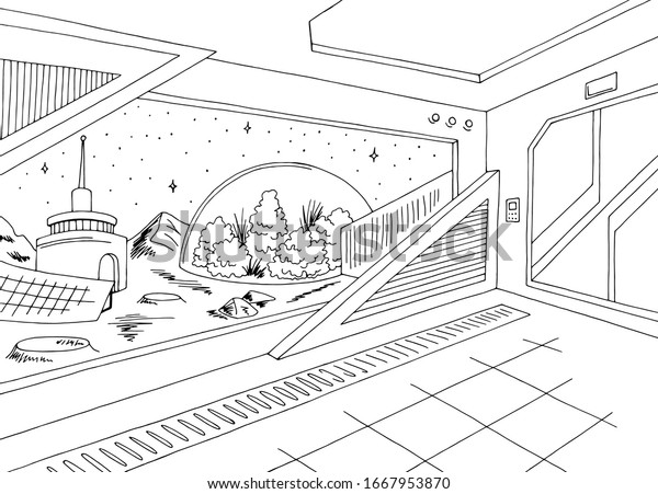 Space colony interior base station\
graphic black white sketch illustration\
vector