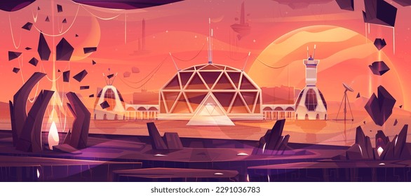 Space colony on Mars planet cartoon landscape. Futuristic alien base station city on desert surface illustration. Futuristic spaceship exploration and colonization game mission scene background.