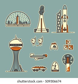 Space colony set. Vintage colors stickers. rounded lineart 