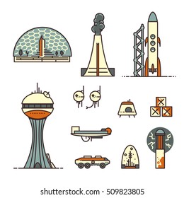 Space colony set. Vintage colors stickers. Rounded lineart