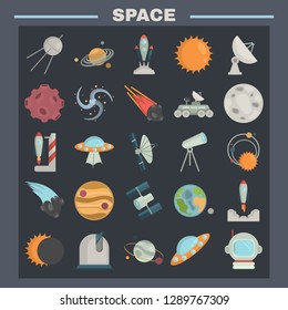 Space color flat icons set for web and mobile design