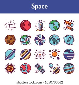 Space color line icons set. Pictograms for web page, mobile app, promo.