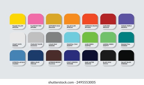 Space Color Palette, Space Color Guide Palette with Color Names. Catalog Samples of Space with RGB HEX codes. Multicolor tone Colors Palette Vector, Paint Trend Multicolor Color Shades Palette