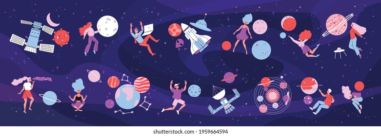 Space color set of isolated compositions with doodle human characters of young people with stars planets vector illustration