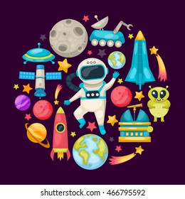 Space colored composition with icon set composed in round on cosmic theme vector illustration
