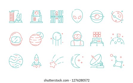 Space colored icon. Astronomy collection universe discovery astronaut alien shuttle rocket lunar radar vector futuristic symbols