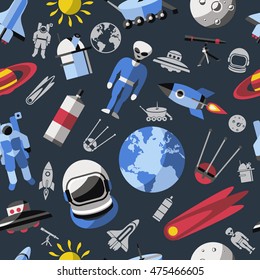 Space colored seamless background pattern with elements of galaxy ufo and astronauts vector illustration