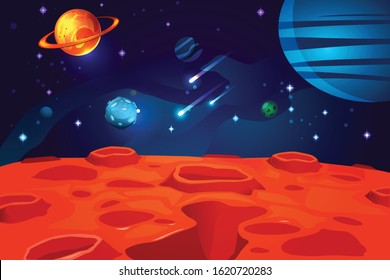 Space colorful cartoon game background with red planet surface night sky sparkling stars and asteroids vector illustration