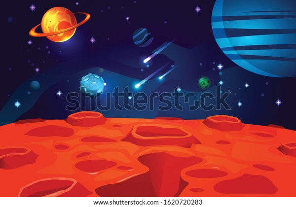 Space
colorful cartoon game background with red planet surface night sky
sparkling stars and asteroids vector
illustration