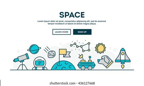 Space, colorful concept header, flat design thin line style, vector illustration