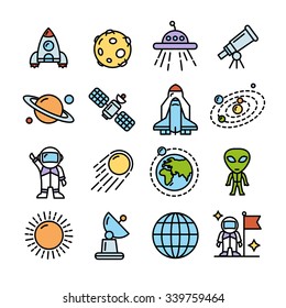 Space Colorful Modern Icons Set for Mobile Interface.  Vector illustration