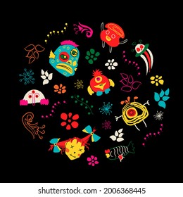 Space colorful monsters and plants set for Halloween or Day of the dead. Cute scary funny character for print. Cosmic aliens and mythical creatures collection in mexican colors. Vector illustration.