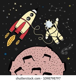Space colorful rocket, astronaut, moon hand drawn cartoon set of vector illustration