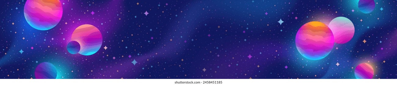 Space with colorful stars and planets. Vector horizontal banner with copy space.