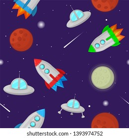 Space colorful vector seamless pattern with planets, stars, rockets and flying saucers