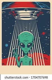 Space colorful vintage poster with flying UFO and alien showing piece sign on cosmic background vector illustration