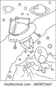 Space coloring. Aliens in space drawn by an outline.