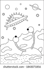 Space coloring. Aliens in space drawn by an outline.