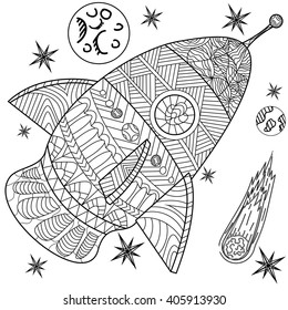 Space coloring book line art design vector illustration. Space separate objects. Space hand drawn doodle design elements.