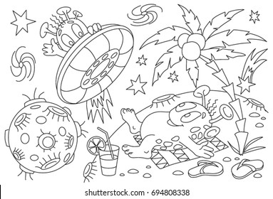 Space Coloring book page. Aliens vector illustration, coloring book for kids. Monsters Doodle page. Childrens background