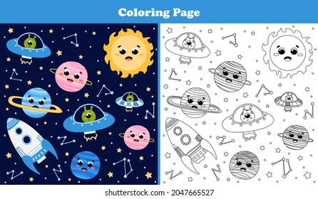 Space coloring game with cute planets and sun, alien spaceships and flying rocket in cartoon style for kids, printable worksheet with universe themed elements for children books