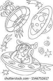 Space coloring page. Aliens Vector. Animals cartoon. Spaceship coloring page. Cosmos background. Monster outline