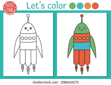 Space coloring page for children. Cute funny smiling rocket. Vector Astronomy outline illustration with kawaii spaceship. Cosmos color book for kids with colored example

