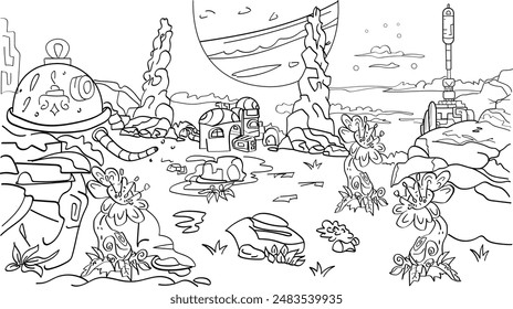space coloring page, illustration on the theme of space and alien life black and white 