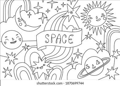 Weltraumfarbseite. Rahmenvektordoodles. Cartoon-Planeten, Sterne, Sonne, Mond, Komet. Schöne Universum-Charaktere für Kinder. Schwarz-Weiß-Linie Kunst. Zentangle. Funny Anti-Stress-Universum-Illustration