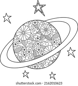 Space coloring page. Planet of flowers. Hand drawn black and white vector illustration