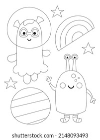 Space coloring page printable for children. Preschool Space. Cute aliens, planets. Coloring Book. Vector illustration.