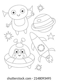 Space coloring page printable for children. Preschool Space. UFO, aliens, rocket ship, planet. Coloring Book. Vector illustration.