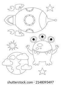 Space coloring page printable for children. Preschool Space. Cute alien, rocket ship, planet. Coloring Book. Vector illustration.