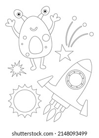 Space coloring page printable for children. Preschool Space. Sun, alien, rocket ship, stars. Coloring Book. Vector illustration.