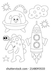 Space coloring page printable for children. Preschool Space. UFO, aliens, rocket ship. Coloring Book. Vector illustration.