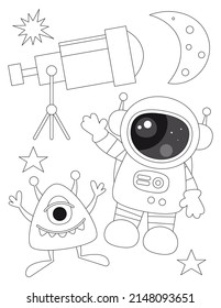 Página de coloreado de espacio imprimible para niños. Espacio preescolar. Luna, alienígena, astronauta, telescopio. Libro de Colores. Ilustración vectorial.