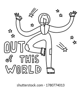 Space coloring page. Space travel illustration. Out of this world. Astronaut girl in space. 