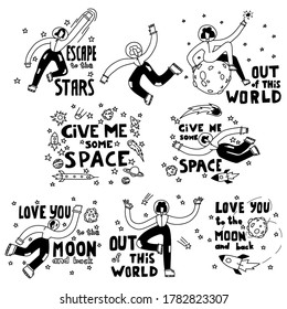 Space coloring page. Space travel illustration. Doodle space illustration. A set of illustrations on the space theme. Cartoon background. Vector illustration.