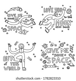 Space coloring page. Space travel illustration. Doodle space illustration. A set of illustrations on the space theme. Cartoon background. Vector illustration.