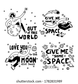 Space coloring page. Space travel illustration. Doodle space illustration. A set of illustrations on the space theme. Cartoon background. Vector illustration for banner, poster, greeting card.