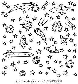 Space coloring page. Space travel illustration. Vector doodle image, clipart, editable details. Set of elements for banner, poster, greeting card, party invitation. Rockets, planets, stars and comets.