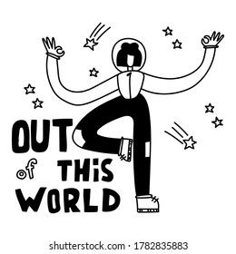 Space coloring page. Space travel illustration. Out of this world. Astronaut girl in space. Meditation, yoga in space