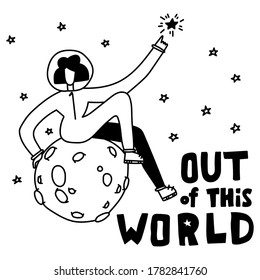 Space coloring page. Space travel illustration. Out of this world. Astronaut girl in space. Sitting on the moon.