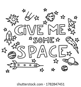 Space coloring page. Space travel illustration. Space illustration for banner, poster, greeting card, party invitation. Vector image, clipart, editable details. 